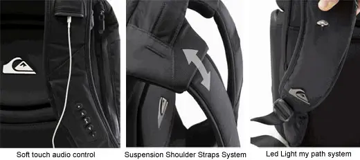 Quiksilver Premium Backpacks with NXT sound system and iPod control 3 quicksilver pack details