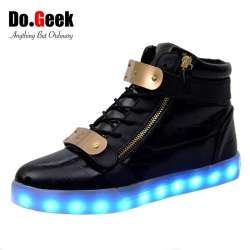 DoGeek LED Light Up Trainers Black White High Top Leather ...