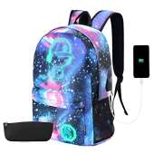 Galaxy Backpack, Anime Luminous Backpack Lightweight Laptop Backpack Fashion School Bags Daypack with USB Charging Port, Pen Case and Lock for Teens Girls Boys