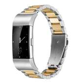 Shangpule Fitbit Charge 2 Wrist Band, Stainless Steel Metal Replacement Smart Watch Band Bracelet with Double Button Folding Clasp for Fitbit Charge 2 (Silver + Gold)