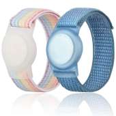 2 Pack Kids Wristband Compatible with Apple AirTag, Protective Case for Air Tag GPS Tracker Holder with Nylon Bracelet, Adjustable Anti Lost Watch Band for Toddler Child Elder (Rainbow & Blue)