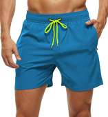 Tyhengta Mens Stretch Swim Trunks Quick Dry Beach Shorts with Zipper Pockets and Mesh Lining Peacock-Blue 34
