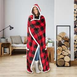 Wearable Hooded Throw Blanket Buffalo Plaid, 52" x 72", Red and Black ...